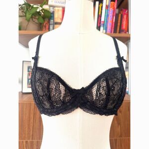 Agent Provocateur Black Lace Balconette Bra 32B Sheer Fishnet Bow Sexy